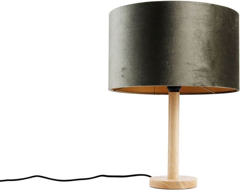 Tischleuchte Holz mit Samtschirm Grün 35cm - Mels