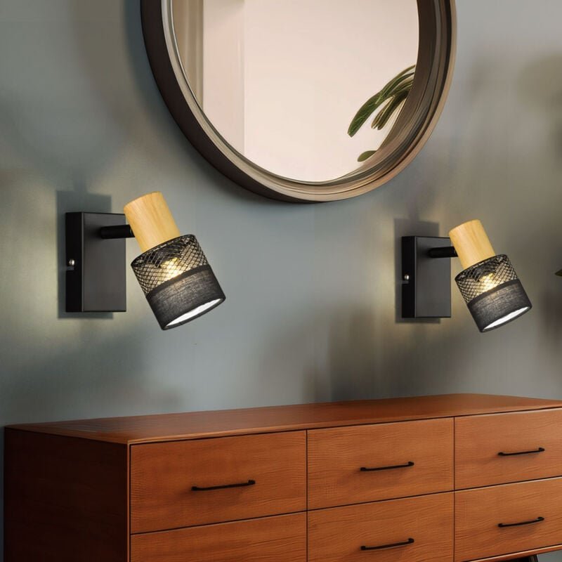 Wandleuchte Wohnzimmerlampe Holzlampe Wandlampe mit beweglichem Spot, Metall Textil, schwarz, 1x E14 Fassung, LxBxH 10x1...