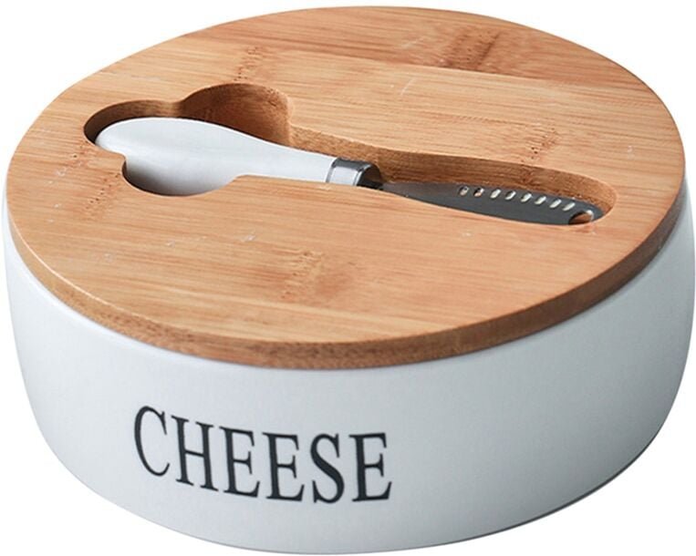 Tlily - Käse-Versiegelungsbox, Keramik-Butterteller mit Deckel und Messer-Set, Käse-Aufbewahrungstablett, Behälterbox