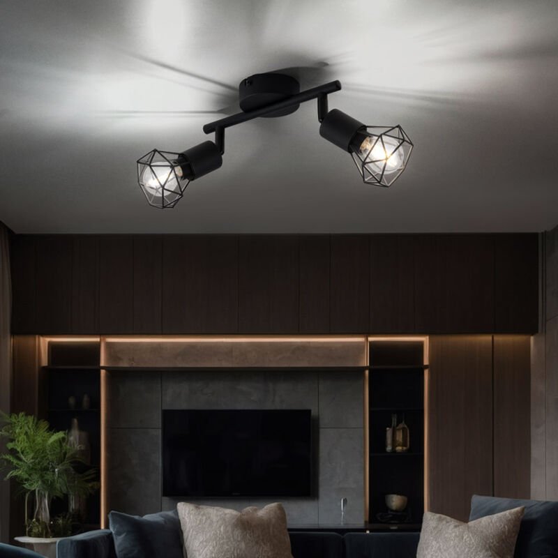 Deckenleuchte 2 Flammig schwarz Spotleuchte 2 Strahler Deckenlampe schwenkbar schwarz, Käfig Design Metall, 2x 6W 2x 700...