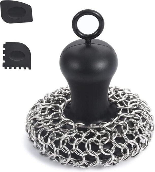 Tlily - Kettenschrubber + Pfanne aus Gusseisen, Bratpfannenreiniger aus Edelstahl, Werkzeug für Pfannen, Schwarz