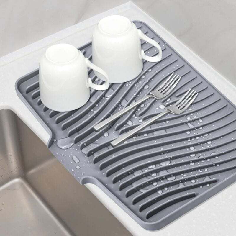 Tappetino scolapiatti in silicone antiscivolo con scolapiatti integrato, resistente al calore (40 x 30 cm, grigio)