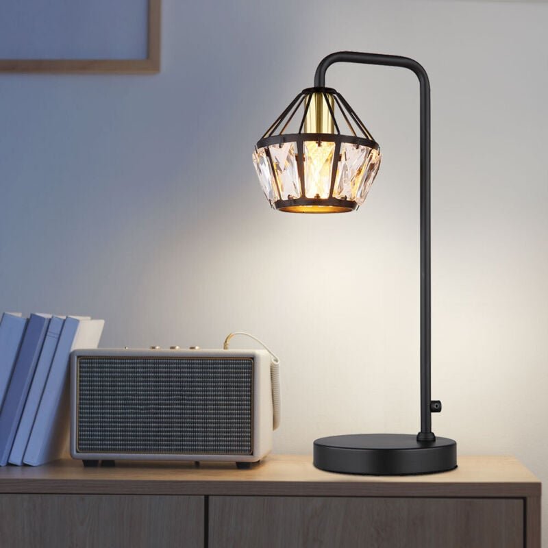 Tischlampe Leseleuchte Lampe Tischleuchte Glas Kristalle Schlafzimmer, Metall schwarz, 1x E14 Fassung, LxBxH 21,5x12,5x4...