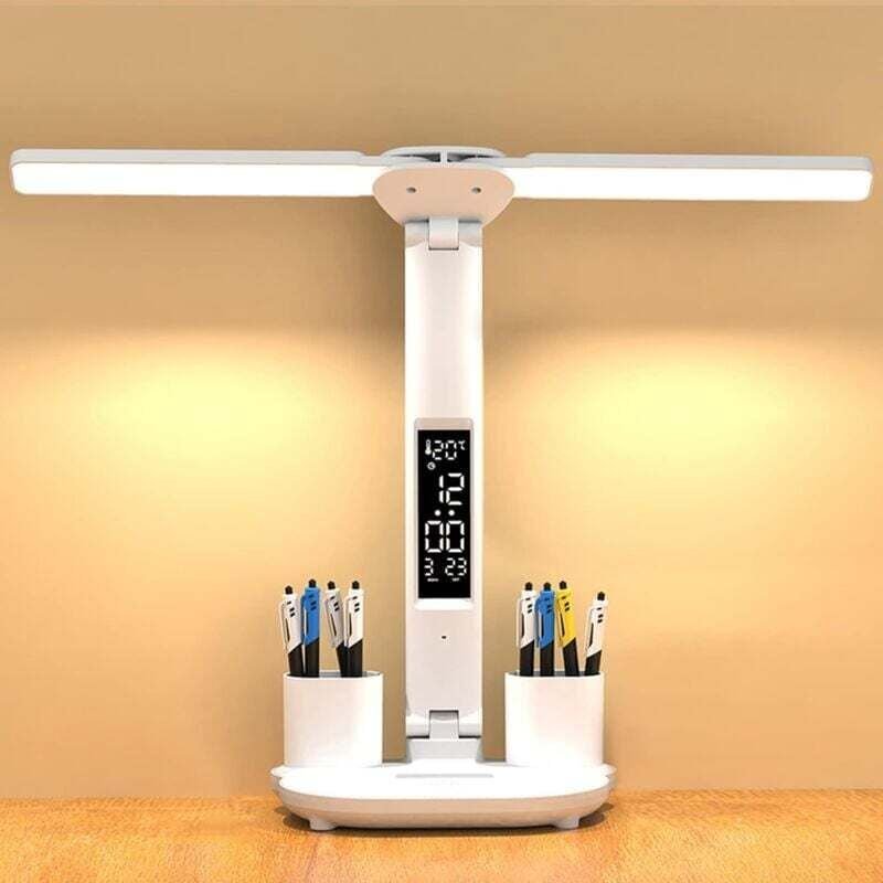 Augenpflege-Schreibtischlampe, kabellos, dimmbar, batteriebetrieben, mit Uhr/Stifthalter/LCD-Display/Kalender/Temperatur...