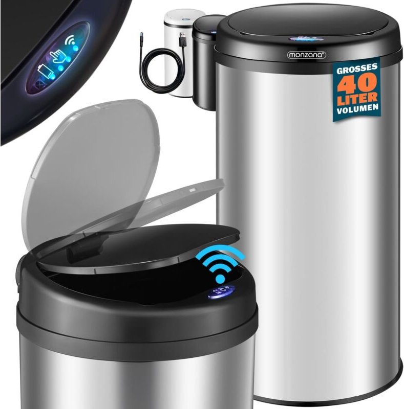 Mülleimer Küche mit Sensor Edelstahl usb Ladekabel Berührungslos Deckel Hygienisch Papierkorb Automatik Abfalleimer Wass...