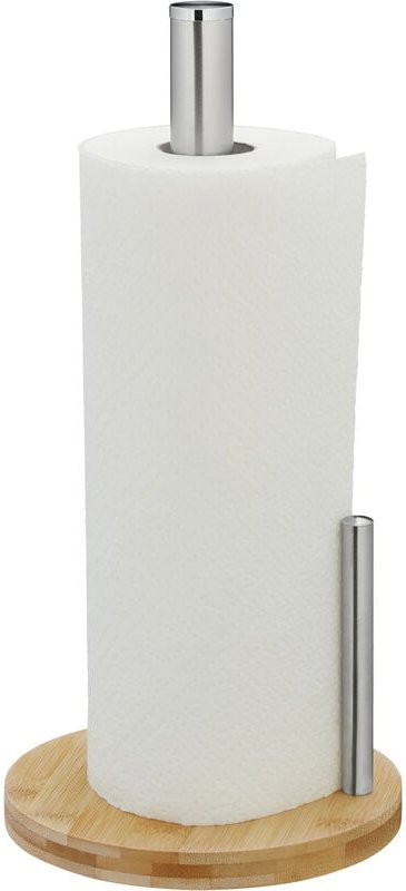 Relaxdays Küchenrollenhalter stehend, Bambus & Edelstahl, Rollenhalter mit Abrollstop, H x D: 33 x 16 cm, natur/silber