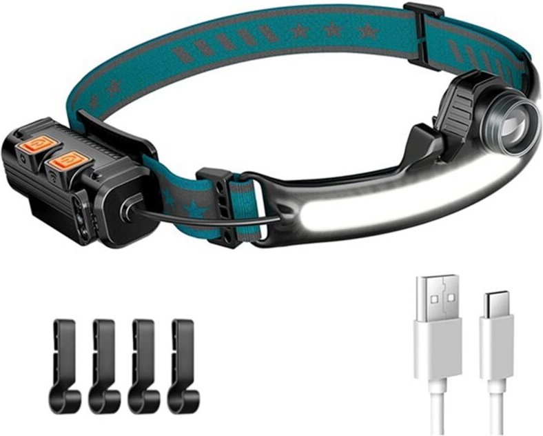 Stirnlampe LED wiederaufladbar, 1000 Lumen Taschenlampe mit Bewegungssensor, mit 4 Helmclips für Camping, Wandern