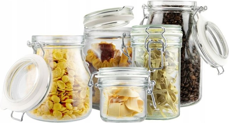 Set mit 5 hermetisch verschlossenen Gläsern (1100 ml, 750 ml, 790 ml, 500 ml, 200 ml).