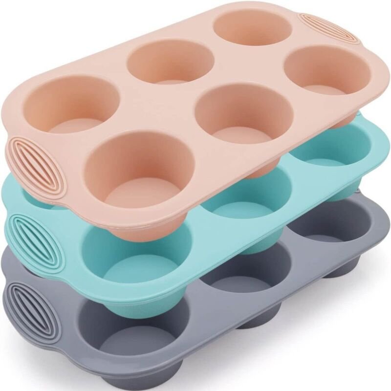 Set mit 3 Silikon-Muffinformen (grau, rosa, pfauenblau) – Form für Cupcakes, Brownies und Kuchen