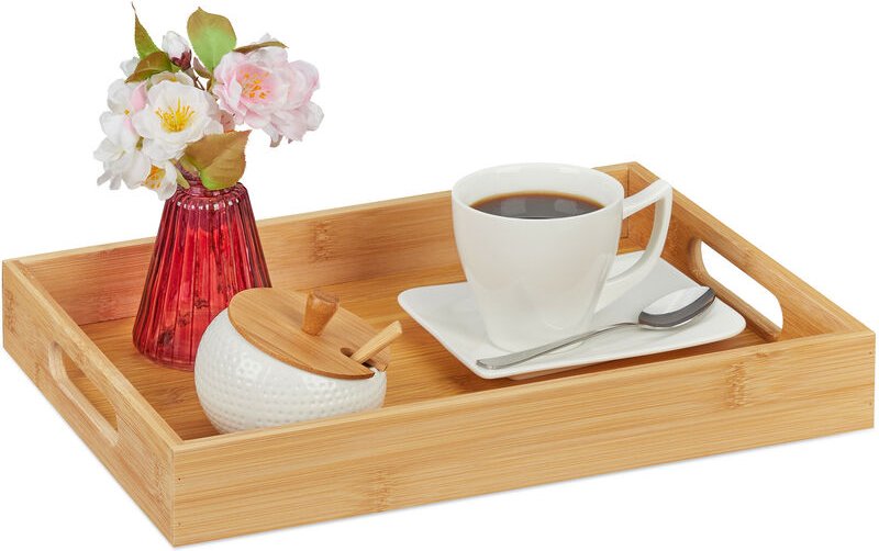 Tablett Bambus, hbt: 5 x 34,5 x 25 cm, Serviertablett mit Griffen, hoher Rand, Küchentablett rechteckig, natur - Relaxda...
