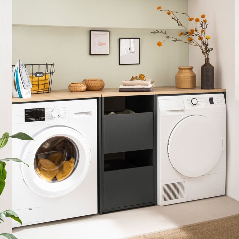 Waschmaschinenschrank mit Wäscheschrank Hauswirtschaftsraum für Waschmaschine und Trockner anthrazit mit Eiche STOBY-80