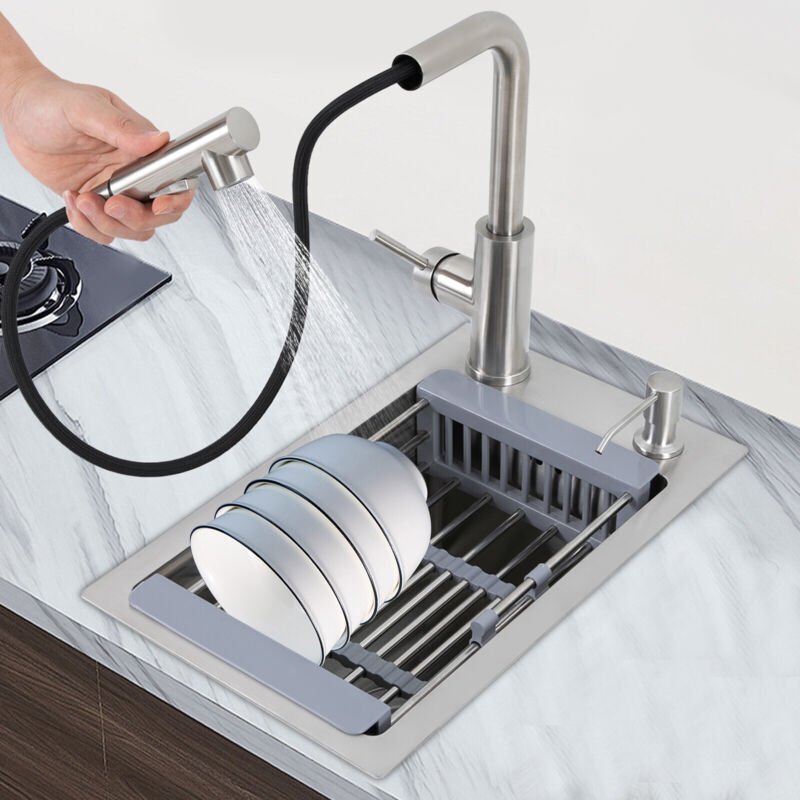 Küchenspüle Edelstahl Einbauspüle Spülbecken mit Ausziehbar Wasserhahn 46x28cm