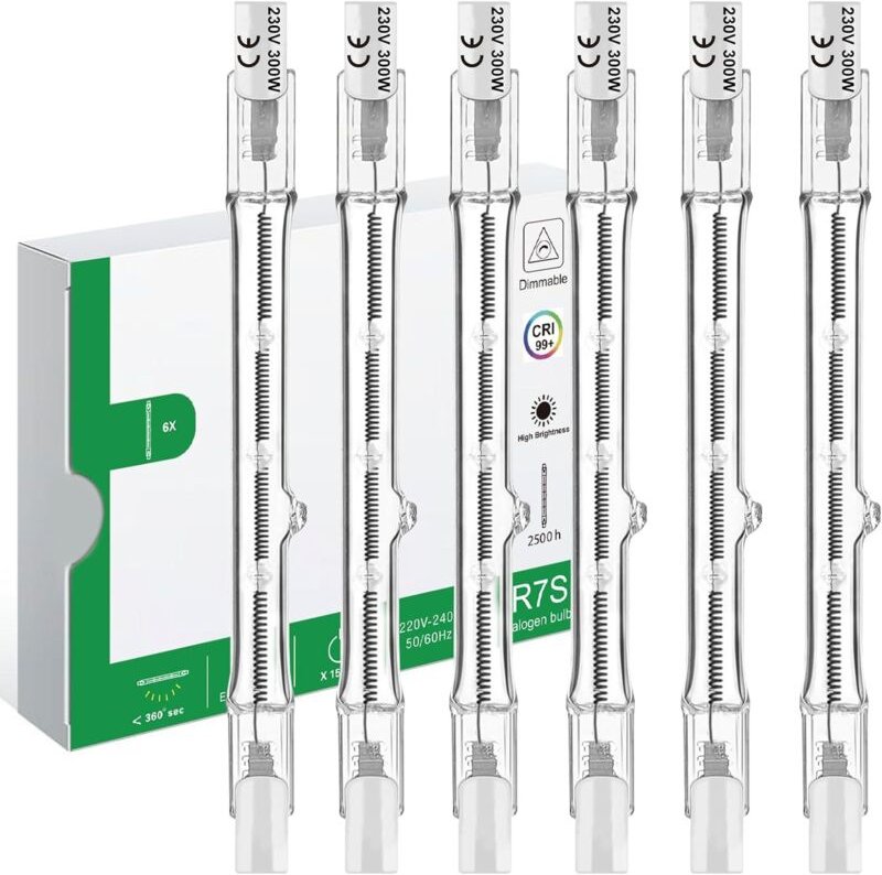 R7S Halogenlampe 118mm 300W, 230V dimmbar - Stablampe für Baustrahler, Landschaftsbeleuchtung, Arbeit, Wohnzimmer - 6er-...