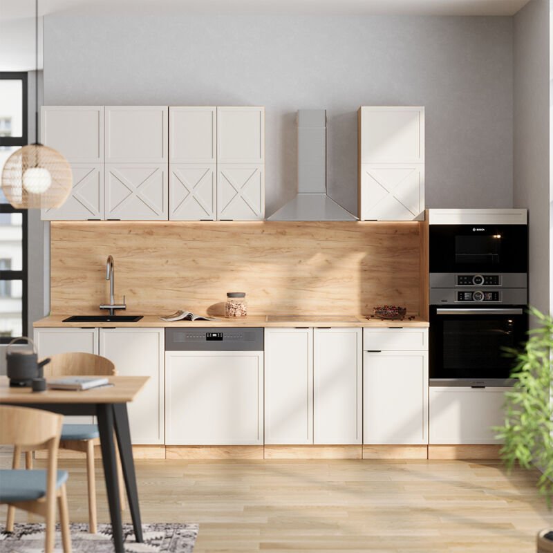 Küchenzeile Fame-Line, GrauBeige/Goldkraft Eiche, 300 cm mit Hochschrank, AP Marmor, Vicco