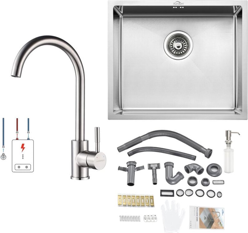 Spülbecken Edelstahl, Spüle Küche 1 becken 50 x 43 cm + Niederdruck Küchenarmatur, für ab 60er Unterschrank