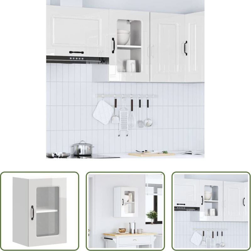 Küchenmöbel - Küchen-Hängeschrank mit Glastür Kalmar Hochglanz-Weiß Holzwerkstoff