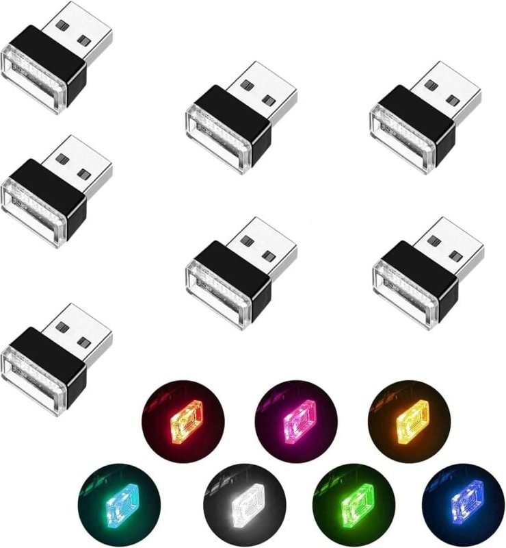 7-teilige USB-Auto-Innenbeleuchtung, universelle Mini-LED-Leuchten, Auto-LED-Atmosphärenlichter (7 Farben: Weiß, Blau, E...