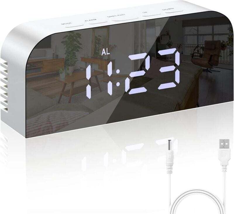Aiperq - Digitaler Weckerspiegel, große Digitaluhr, led, Digitaluhr, Nachttisch, 2 Helligkeitsstufen, 12/24 Std., mit 2 ...