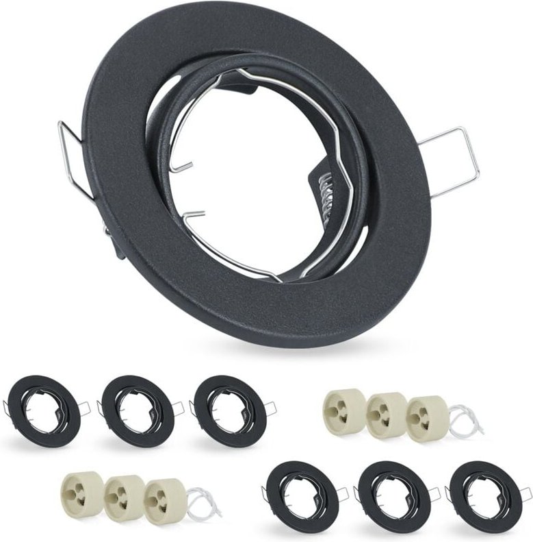 GBLY 6ER Einbaurahmen GU10 Set - Einbaustrahler Schwarz Einbauleuchte Rahmen GU10 Fassungen 230V mit Sockel Lochdurchmes...