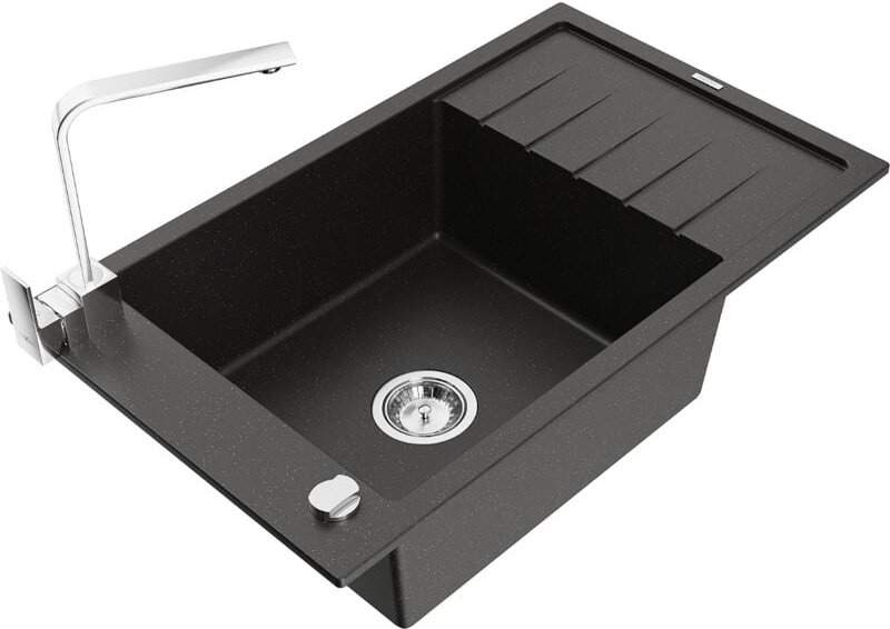 Elias 1 Becken-Granitspüle mit Abtropffläche und Mischbatterie Rita, Schwarz/Silbermetallic - - Mexen