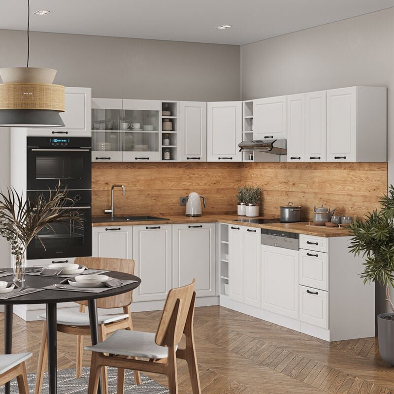 Eckküche R-Line, Weiß Landhaus/Weiß, 237 x 60 cm ohne Arbeitsplatte, Vicco