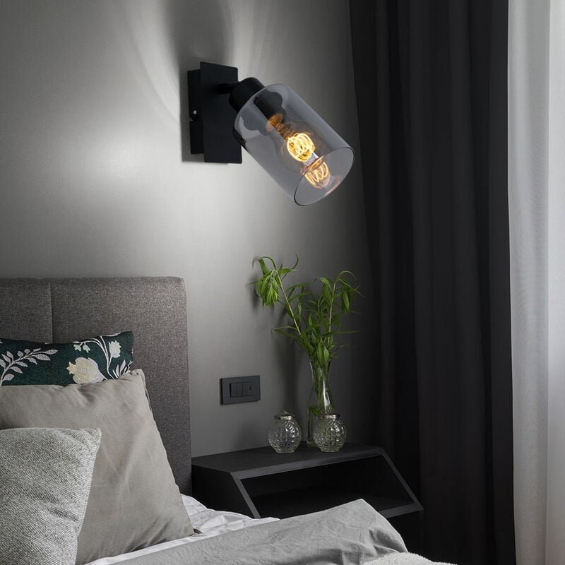 Wandleuchte schwarz Schlafzimmerlampe Bettlampe Rauchglas Wandlampe mit beweglichem Strahler, 1x E27, BxH 9 x 20 cm
