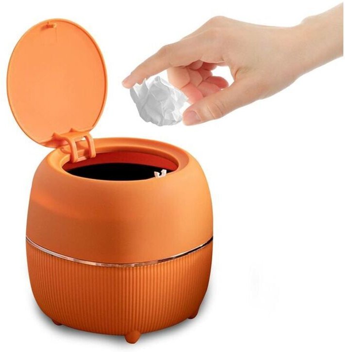 Mini-Mülleimer rund für den Schreibtisch mit Deckel, Kunststoff, für Zuhause, Küche, Bad, Büro (Orange) - Ahlsen