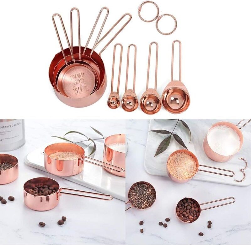 Set di 8 misurini e cucchiai in rame e acciaio inossidabile, acciaio inossidabile cromato, con misure incise, per ingred...