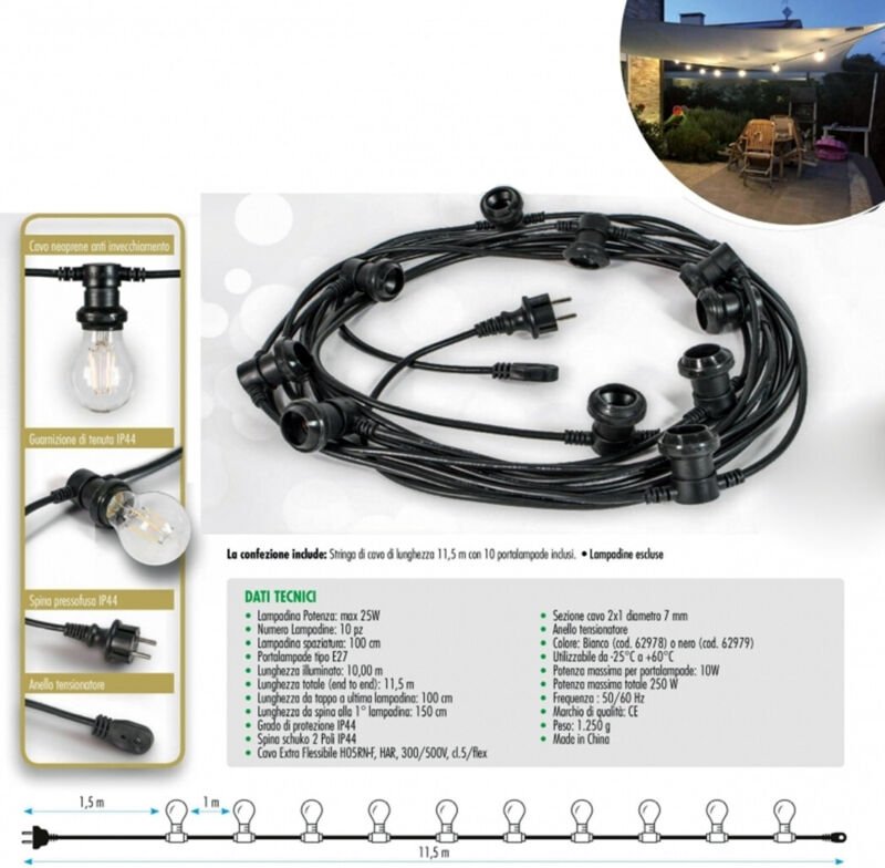 Trade Shop Traesio - Trade Shop - 10 meters mit 10 portalampada E27 spina schuko für externe gazebo -