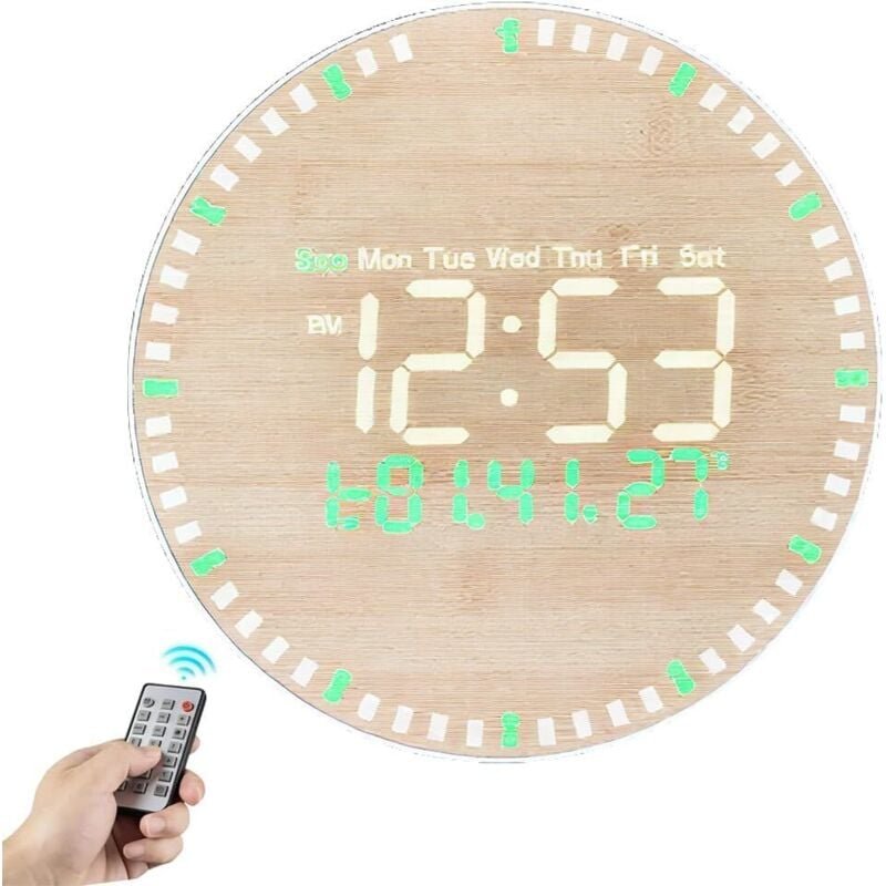 Große, digitale 10-Zoll-LED-Wanduhr aus Holz, mit Fernbedienung und Tischständer, mit Anzeige von Uhrzeit, Datum, Temper...
