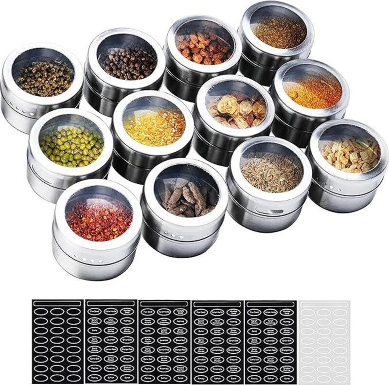 Gewürzgläser Set 12 Stück, magnetische Edelstahl-Gewürzdosen mit transparentem Deckel für BBQ, inkl. 120 Gewürzaufkleber...