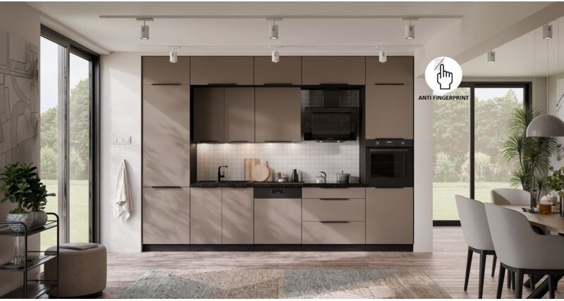 Küche ARIA K-BL - NAGU 340 cm Anti Fingerprint Küchenzeile Küchenblock Singleküche EinbaukücheSANDGRAU - AFM