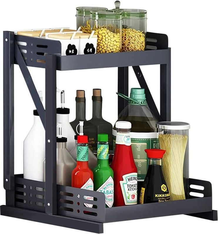 Gewürzregal, 34 x 28 x 38 cm, schwarz, faltbar, 2 Ebenen, Aufbewahrung von Küchengewürzen für die Küchentheke, robuster ...