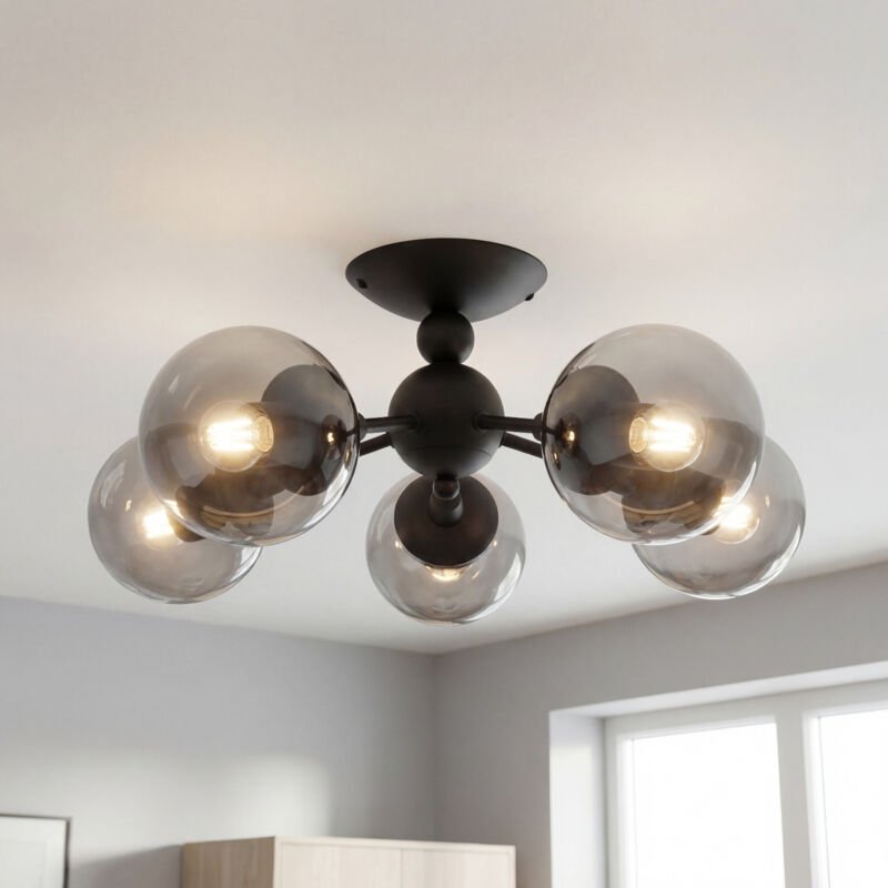 Deckenlampe Rauchglas Metall 60 cm breit Schwarz Kugel Schirm Retro 5x E27 Deckenleuchte