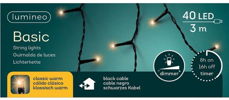 Led Lichterkette Basic 300 cm 40 Lichter classic warm mit Dimmer & Timer - Lumineo