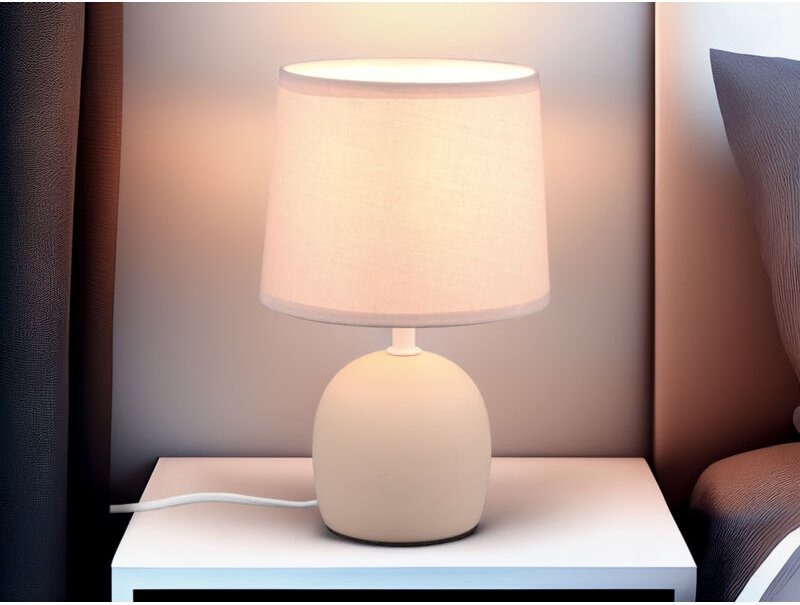 Meinewunschleuchte - led Tischleuchte Keramikfuß & Stoffschirm Beige, Höhe 26cm