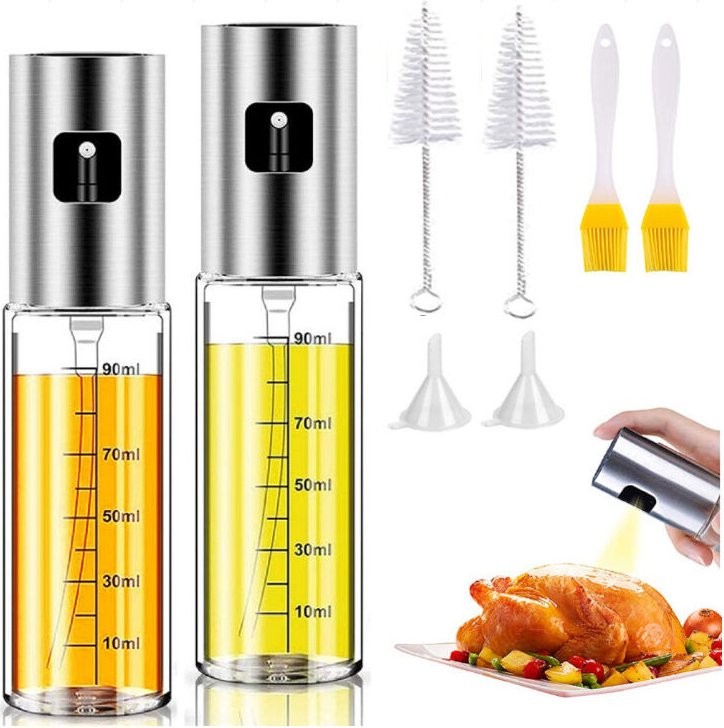 Küchenölflasche, 100 ml Speiseölspray mit Skala, Glas und Edelstahl, Spendersprüher für Fritteuse, Grill