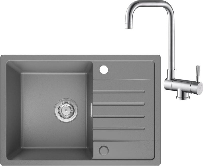 Spülbecken Küche Grau mit Armatur Klappbar 65 x 45 cm, Küchenspüle aus Granit, Spüle Grau Einbauspüle mit Reversible Ins...