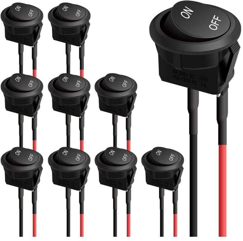 10 runde Wippschalter, Ein/Aus-Wippschalter, Kfz-Schalter 12V 6A/250V 10A/125VAC, vorverdrahtete Wippschalter für Pkw un...