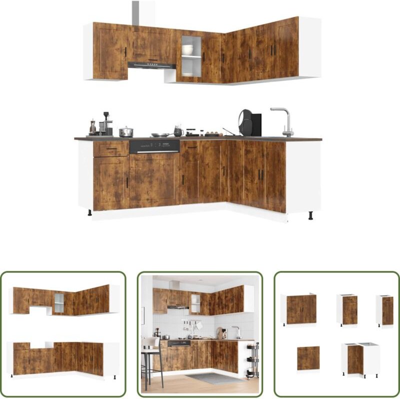 Küchenzeile - 11-tlg. Küchenschrank-Set Porto Räuchereiche Holzwerkstoff