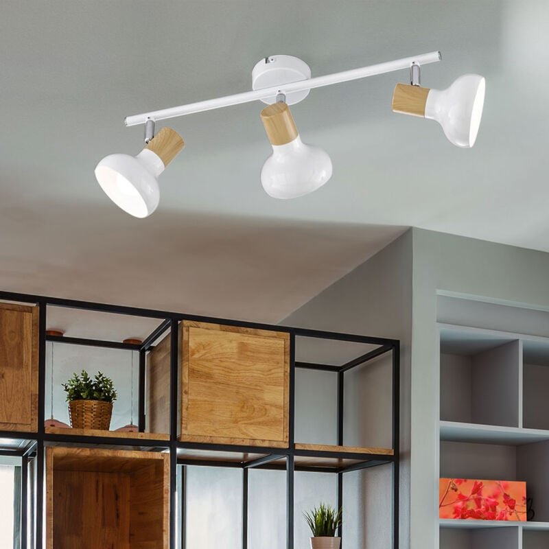 Deckenleuchte Holzlampe 3 Flammig weiß Deckenlampe 3 Strahler mit schwenkbaren Spots, Metall Holz, 3x E14, LxBxH 49x13x1...