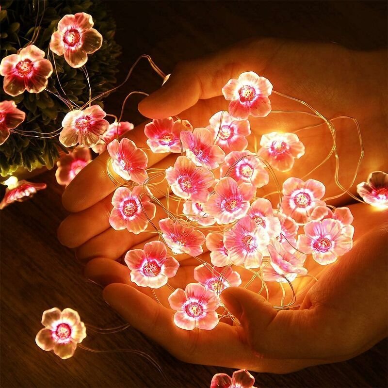Guirlande lumineuse avec 30 LED en forme de fleur de cerisier rose, piles, pour Noël, chambre de fille, chambre à couche...