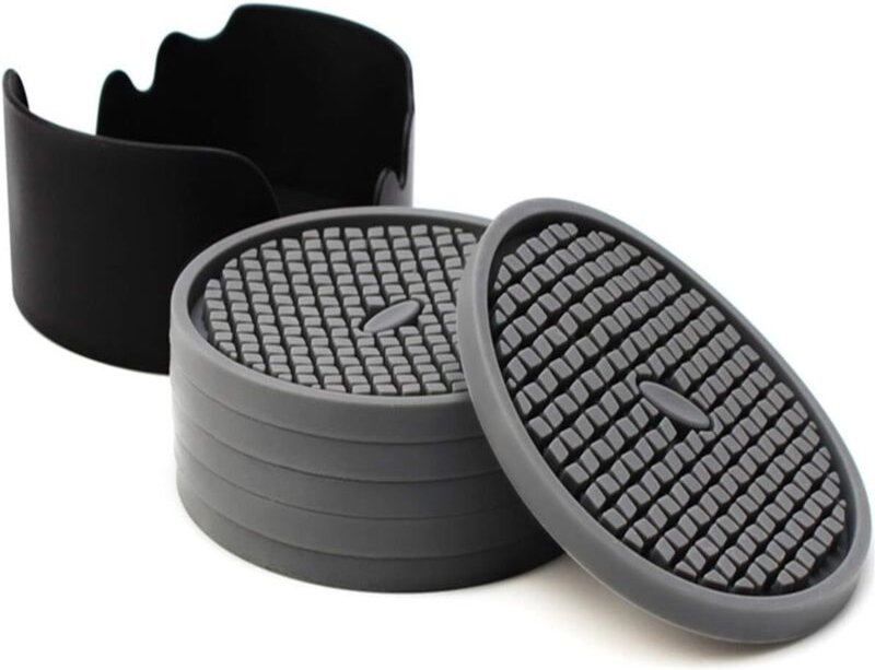 6er-Set graue Silikonuntersetzer 10cm Durchmesser mit Halterungen - tiefe, saugfähige Rillen, perfekt für heiße und kalt...