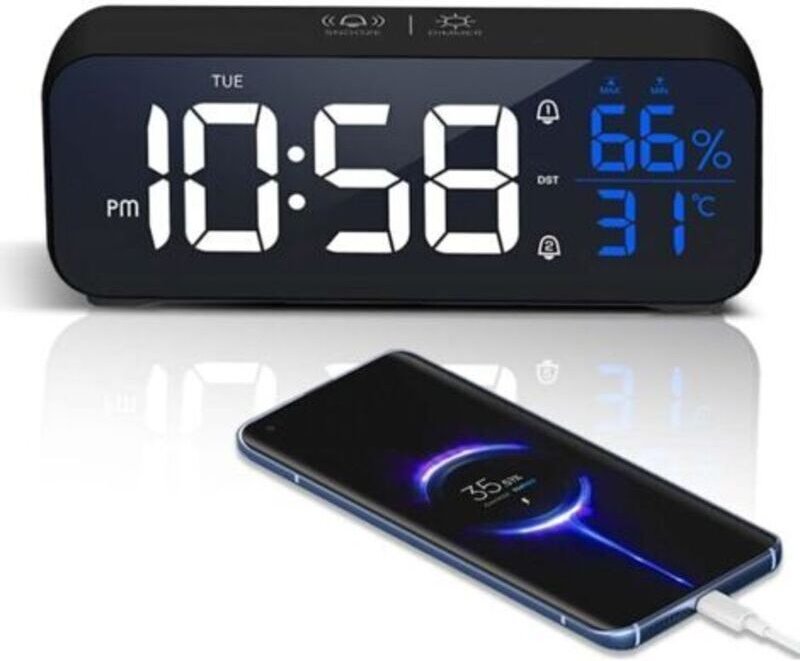 Digitaler LED-Wecker mit Spiegel, Schlummerfunktion, großem Display und Temperaturanzeige, USB-betriebener Lichtwecker, ...
