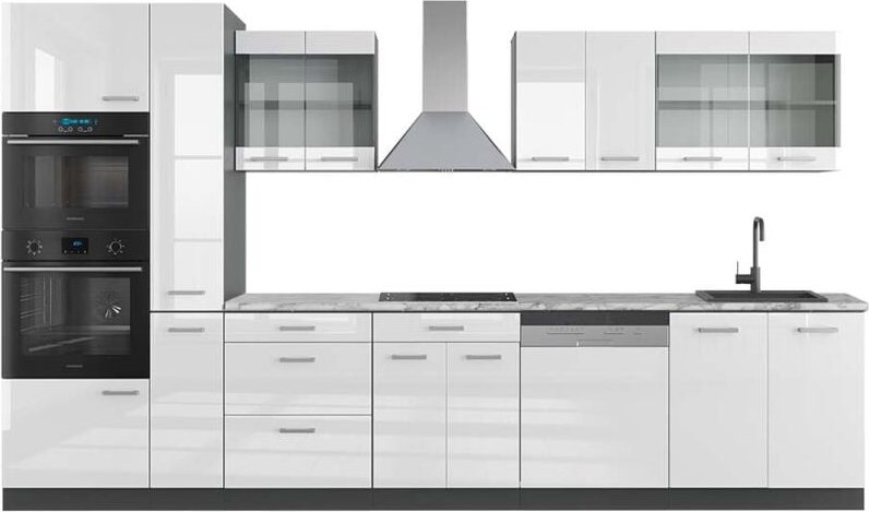 Thumbnail - Vicco - Küchenzeile R-Line, Weiß Hochglanz/Anthrazit, 350 cm mit Hochschrank, ap Marmor