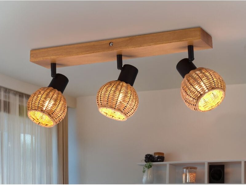 Deckenstrahler TAVAR 3-flammig Holz mit Rattan Schirmen, Breite 50cm