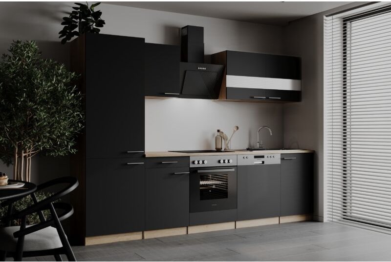 Einbau Küchenzeile Eiche Sägerau Schwarz Merle 280cm großer Kühlschrank Respekta