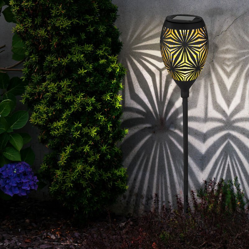 Solarlampe schwarz Außenleuchte modern Steckleuchte Gartendeko, Terrassenlampe Dekorstanzungen Erdspieß, Metall gold, 1x...