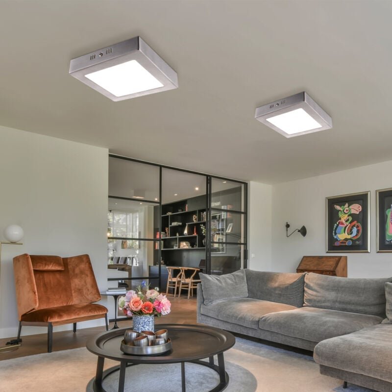 Deckenleuchte quadratisch LED Flurlampe silber Deckenlampe Wohnzimmer, Glas satiniert, 6W 400lm warmweiß, LxBxH 12x12x4 ...