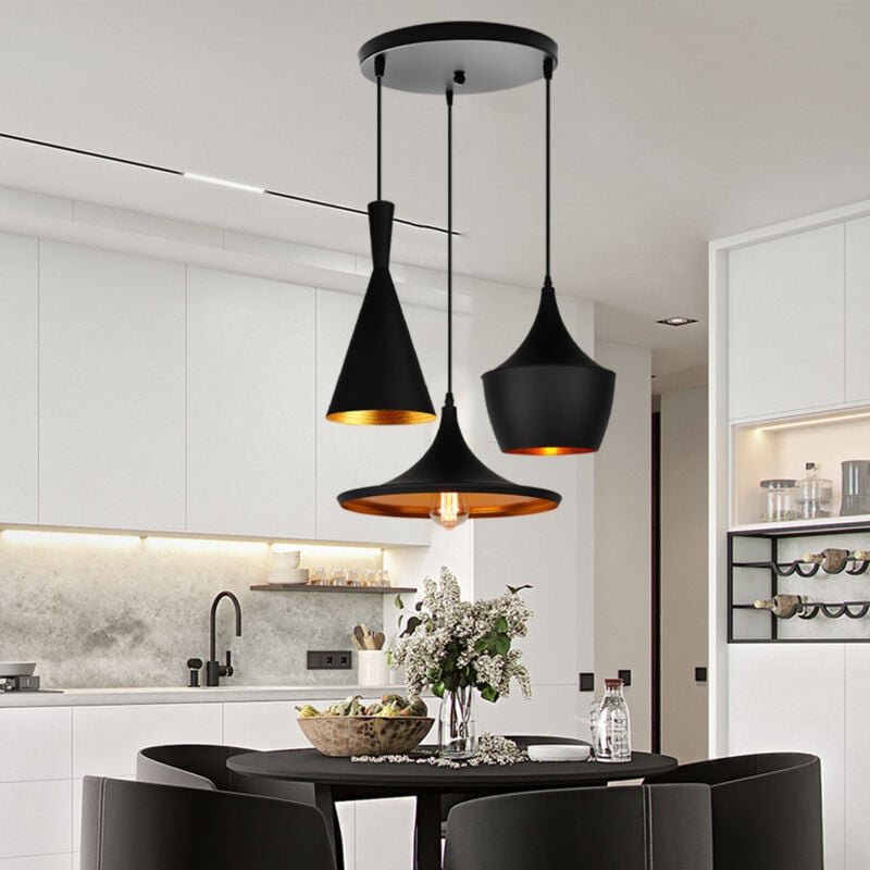 Geometrische Künstlerische Pendelleuchte 3 Flammig E27 Industrielle Lampenschirm mit Runde Basis Deckenleuchte für Küche...